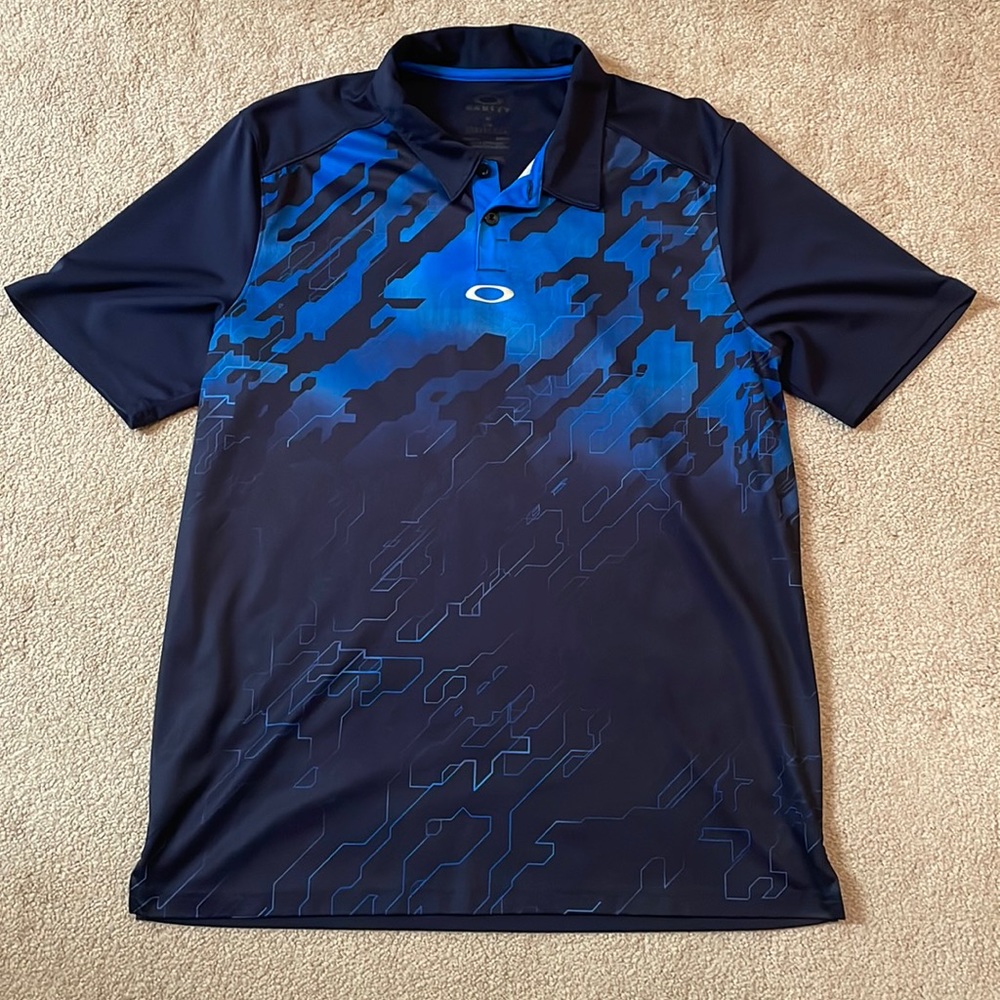 Oakley Performance Mens Golf Polo (Navy Blue/Light Blue/White)